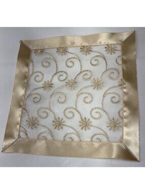 Embroidered Sheer Gold Swirl Square Table Topper Satin Trim 10" Decorative